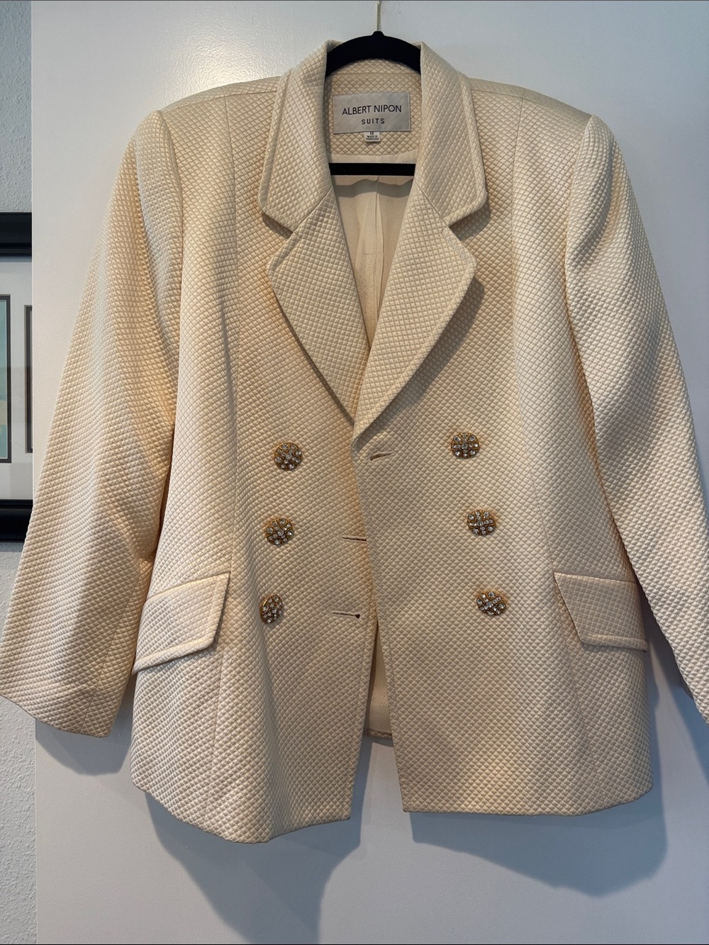 Albert Nipon Cream Textured Double-Breasted Blazer with Gold Buttons